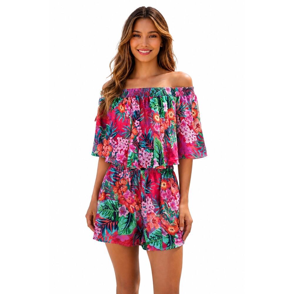Show Me Your Mumu Tropical Floral Off Shoulder Romper Small Beach Vacation